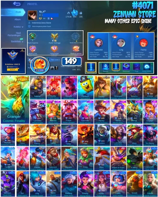 #4071 | 149 Skins | Collector Natalia Warrioress Paragon | SpongeBob Cyclops | Prime Granger Cosmic Finality | Granger Thunder Ascendant