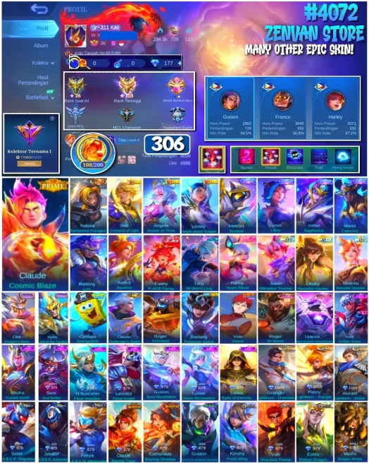 #4072 | 306 Skins | Collector Natalia Warrioress Paragon | Allstar Angela Avatar of Time | Prime Claude Cosmic Blaze