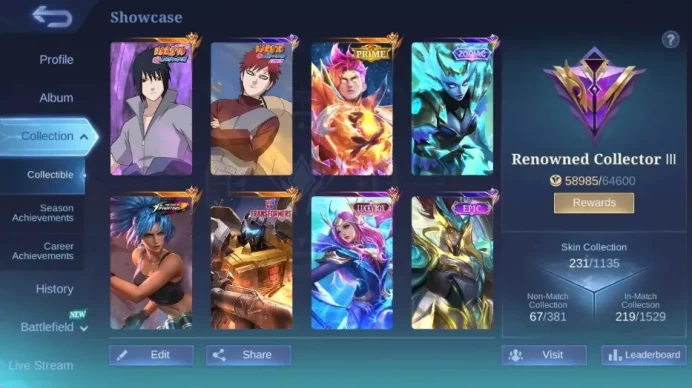 Global|Skin 231|Renowned|KOF Karina,Sasuke Suyou,PRIME Claude,LBox Odette,PACE Fanny|Recall TasTas|More Check SS ML2639B