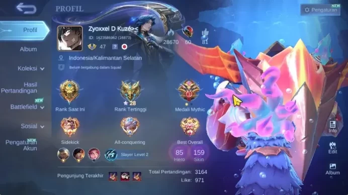 Hero 85|Skin 159|Ex Honor 28|KOF[Karina],Collector[Natalia],2 Dragon[Ling,Masha],Blazing[Layla]12 Epic,Etc|CheckSS|MLBB2392