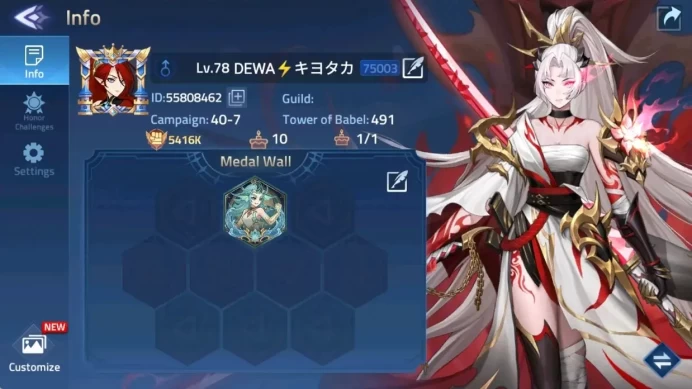 Global|Lv.78|5416k Power|Camp 40-7|Vip 6|Hero 103|3 UR|2 Awaken|2 Elite Skin|Check SS MLA109B