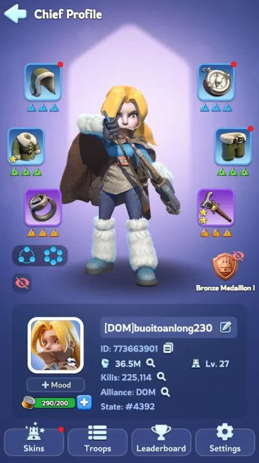 WOS230-State 4392 | VIP 5 | 37M Power(Peak) | T9 Troop | Furnace 27 | 4M2 Squad | 3 SSR Heroes | 11 Orange Gears | 115K Gems