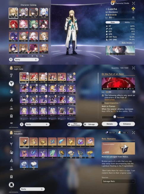 2234 - All Platform - EU - Level65 - 36 Character 16 5'star - 5 Light Cone 5'star - Sparkle - Argennti - Jingliu - Bronya - Evanescia