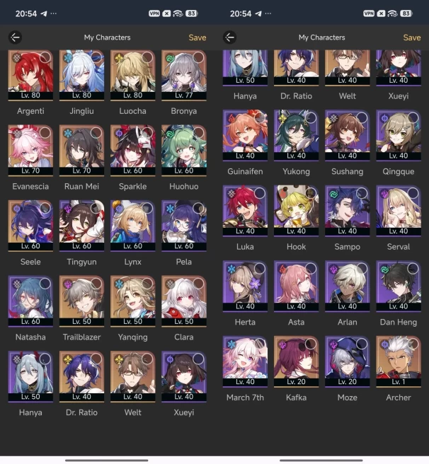 2234 - All Platform - EU - Level65 - 36 Character 16 5'star - 5 Light Cone 5'star - Sparkle - Argennti - Jingliu - Bronya - Evanescia