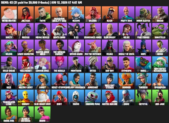 [PSN/XBOX] | 63 Skins | 600 V-Bucks | Rap Boy | Solid Snake | Peter Griffin | Joltara | Twyn | Paradigm (Reality-659) |
