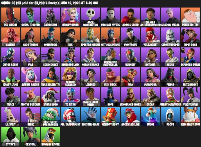 [PC] | 63 Skins | Star Wand | Ghoul Trooper | Solid Snake | Peter Griffin | Red Knight | Darkheart | Harley Quinn | Jack