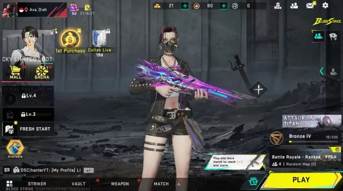 ASIA|ETERNAL[M4A1-Blight's Embrace Lv3]|Collab AOT[Emote Throne]|Legendary[NOVA-Rebel Vogue]|Rank Bronze IV|NetEase(BLS5717)