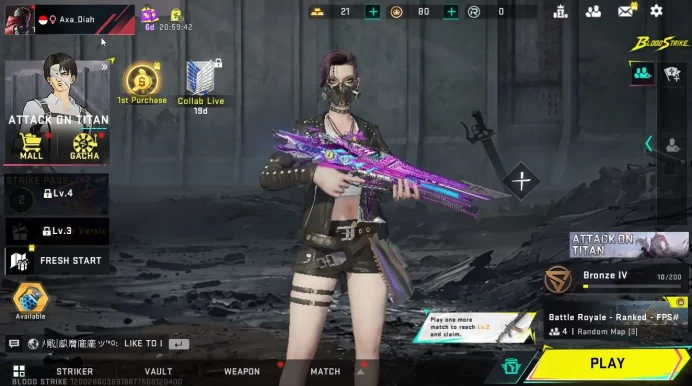 ASIA|ETERNAL M4A1-Blight's Embrace Lv3|Collab AOT Emote|Legendary NOVA-Rebel Vogue Striker|Lv 1|Bronze IV|NetEase(BLS5718)