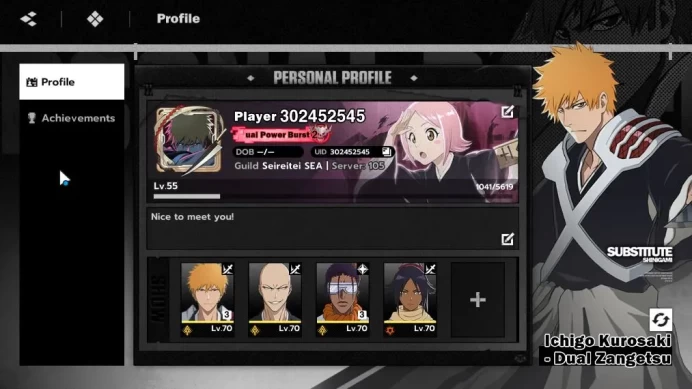 NuverseSEA|Lv55|4 SSR|2 Sign|(Ichigo Dual Zangetsu,Tosen)+Stamp,Yoruichi,Ikkaku|12 SR [Kusajisi,Orihm,etc]|Log Facebook|BSR1311