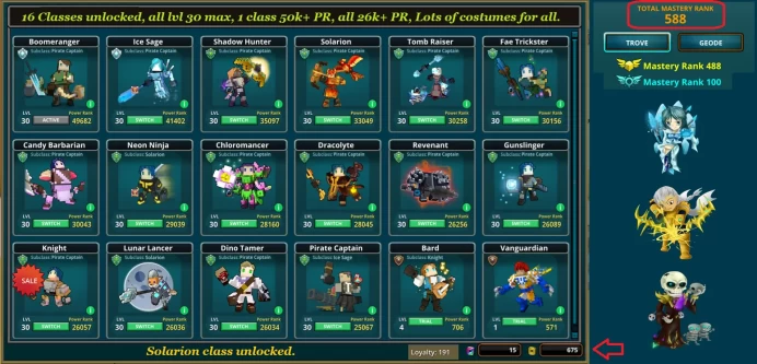 PC Top Trove Acc, 16 classes unlocked, all classes lvl max, 1 class 50k+ PR, Lots of Dragons, Mounts, Wings, Flux + GANDA