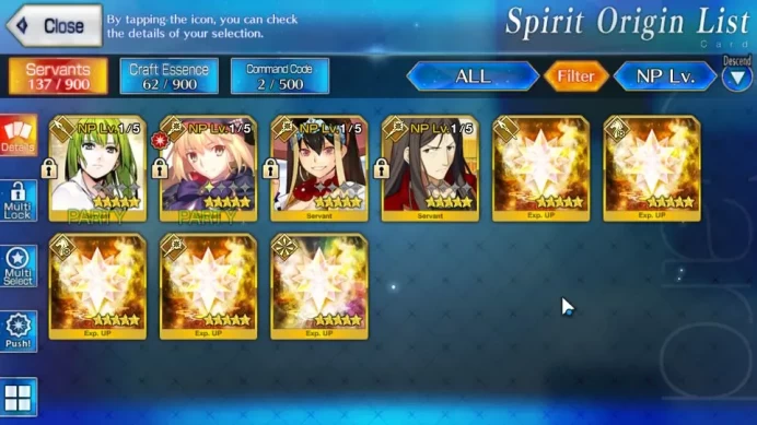 NA Lvl 9|4 SSR Servant| Altria Caster, Zhuge Liang, Enkidu, Xuanzang Sanzang |42 Golden Fruit|Birthday Unset|Check SS|FGO825