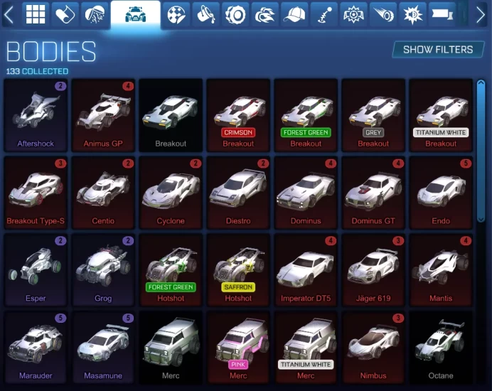 STOCK1266 // ACCOUNT WITH SENTINEL // SAMURAI // ENDO //DOMINUS // OCTANE //135 CARS //447 WHEELS