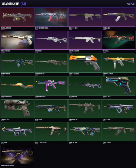 EU/Gold 1 74 Skins + 21 Agents Arcane Gauntlets / Champions 2023 Vandal / Reaver Karambit Full Access