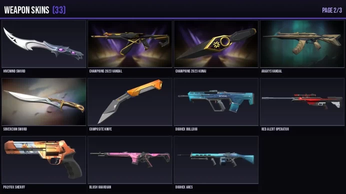 AP 34 Skins + 15 Agents Champions 2023 Kunai / Champions 2023 Vandal / Araxys Vandal / Oni Phantom Full Access