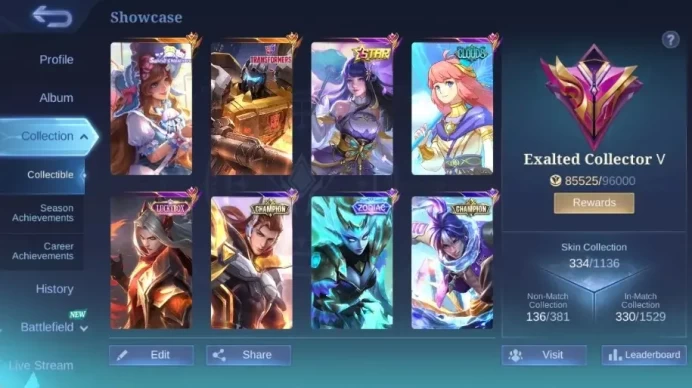 Global|Skin 334|Exalted|KOF Karina,Sanrio Floryn,Collector Natalia,PACE Fanny,Blazing Franco+Layla+Claude |More Check SS ML2679B