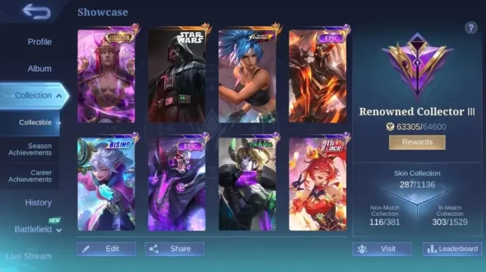 Global|Skin 287|Renowned|KOF Karina,Collector Natalia+Valir,PACE Fanny,Blazing Franco+Layla+Aldous|More Check SS ML2683B