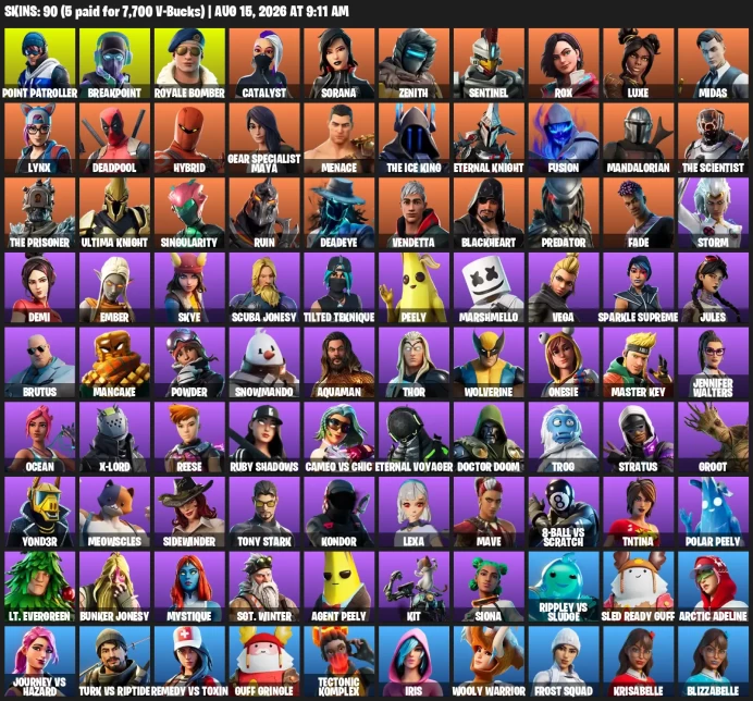 [PC] | 90 Skins | Gear Specialist Maya | Point Patroller | Royale Bomber | Marshmello | Midas | Peely | Deadpool | Docto