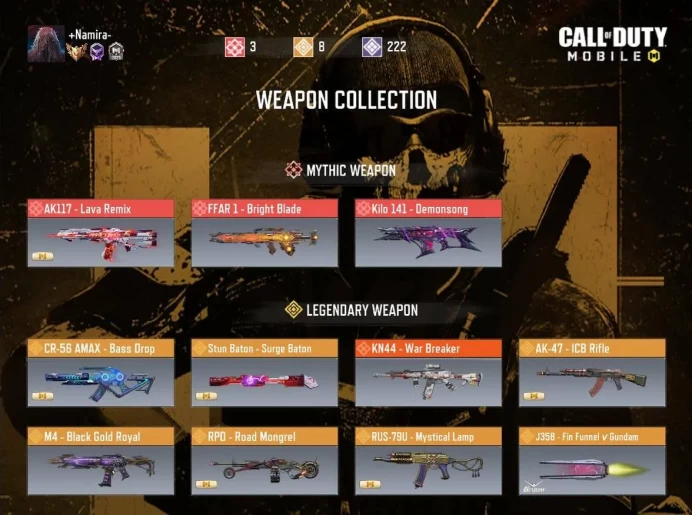 3 MYTHIC (AK117 LAVA $ FFAR1 BRIGHT & KILO 141) | 8LEGENDARY | VIVAN BAT AGENT | FIRST LUCKY DRAW 10CP | D159