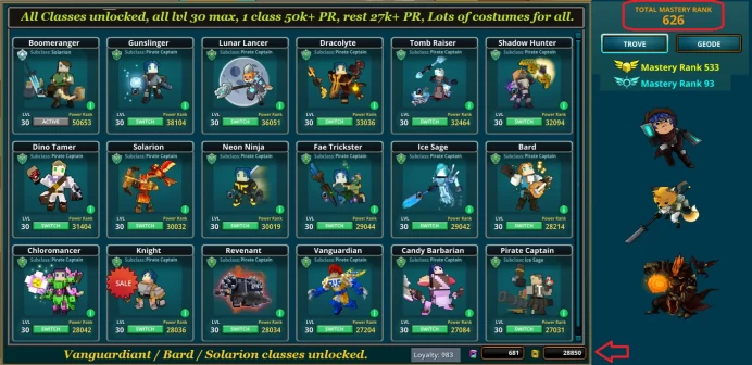 PC High Trove Acc, all classes unlocked, all classes lvl max, 1 class 50k+ PR, Lots of Dragons, Mounts, Wings, Flux + GANDA / FLUX / Rare Items