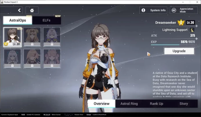 SEA|Lv 45|Kiana Herrscher of the Void 1/4,Selee Volerei SP 1/4,Pardofelis RC,Griseo SI,etc|1 AOp+1 ELF|Take Mail|Check SS|HI947