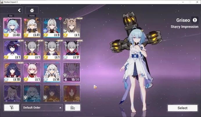 SEA|Lv 45|Kiana Herrscher of the Void 1/4,Selee Volerei SP 1/4,Pardofelis RC,Griseo SI,etc|1 AOp+1 ELF|Take Mail|Check SS|HI947