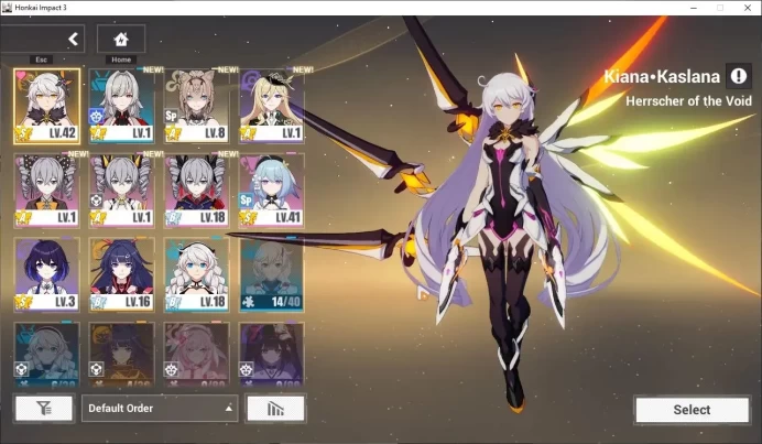 SEA|Lv 55|Kiana Herrscher of the Void 1/4,Selee Volerei SP 1/4,Pardofelis RC,Griseo SI,etc|1 AOp+1 ELF|Take Mail|Check SS|HI946