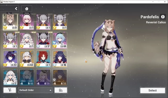 SEA|Lv 54|Kiana Herrscher of the Void 1/4,Selee Volerei SP 1/4,Pardofelis RC,Griseo SI,etc|1 AOp+1 ELF|1620 DM|Check SS|HI945