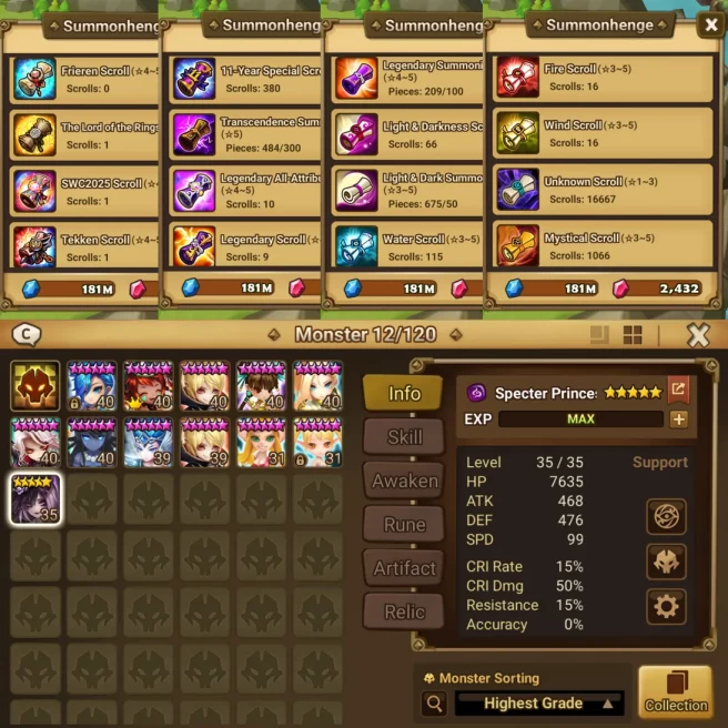 Global | Dark Specter Princess | L&D Scroll*74~90 | 11 Year Scroll*365~400 | All - Attribute Scrolls*8~15 | IGV0007