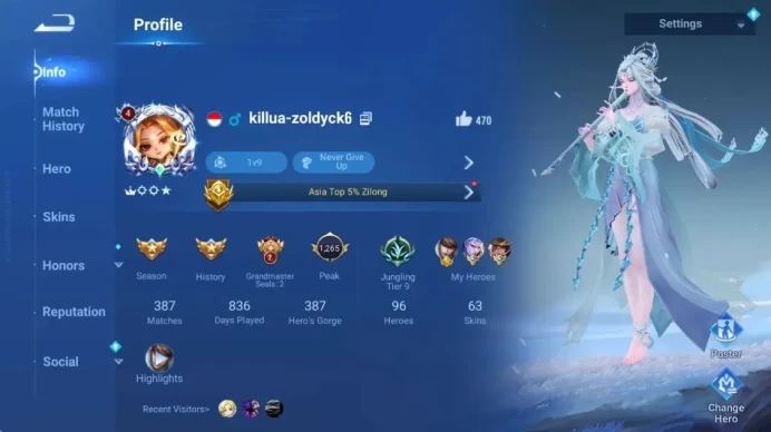Global|96H 63S|Legend Zilong|KIC: Luna|Daji [DanDaDan]|3 Epic:Kaizer,Milady,Sun Ce|Check SS HOK743B