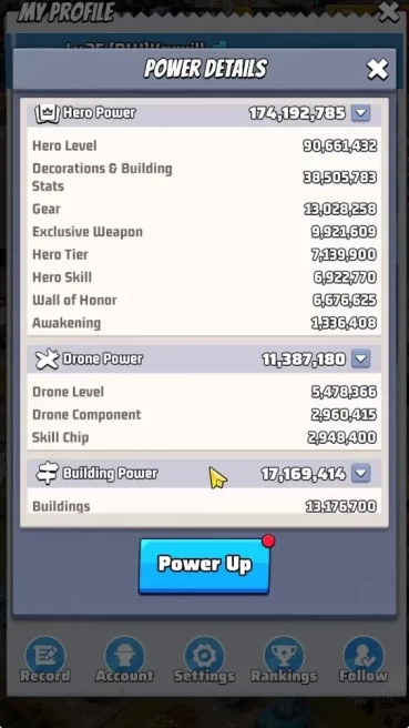 Sv 252|Power 314.3M|HQ 35|Gold Bricks 16500|VIP 15|Gorilla Lv 55|Drone Lv 176|SQ1:62.06M, SQ2:45.50M, SQ3:43.11M|Check SS|LW769