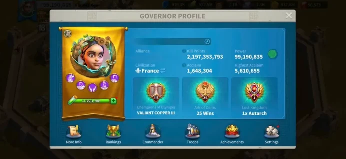 ROK2423: 99M Power - Vip 16 - 16 Commanders - 41 Passport - 1M3 Credit - 1 Farm - 2 Skins House - 56k Gems
