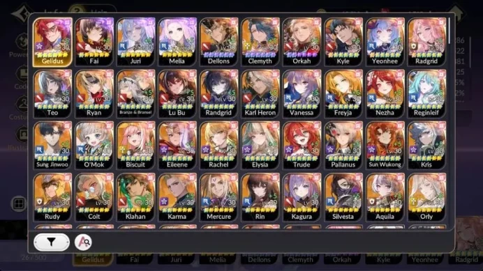 Global |4 EX7 (Fai,Juri,Gelidus,Melia)|45 TC6(Clemyth,Kyle,Sung Jinwoo,Freyja,LuBu)|1,7k Ruby|3 LegCost|Netmarble|7KR049B