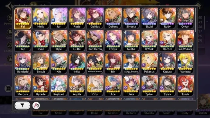 Global | 5 EX7 (Fai,Melia,Juri,Roise,Gelidus)|28 TC6(Dellons,Silversta,Skuld,Rudy Etc)|1 LegCost|52K Ruby|Netmarble|7KR058B