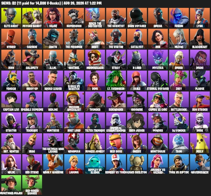 [PC] | 82 Skins | Take The L | Elite Agent | Omega | Reaper | Positron | Orange Justice | Hype | Boneless | Best Mates |