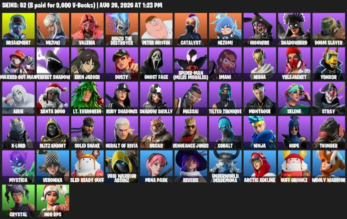 [PC] | 52 Skins | Ninja | Solid Snake | Peter Griffin | Breakpoint | Mizuki | Valeria | Renzo the Destroyer | Catalyst |