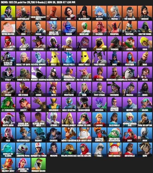[PC] | 103 Skins | Merry Mint Axe | Gear Specialist Maya | Star Wand | Midas | Peely | Deadpool | Doctor Doom | Peter Gr