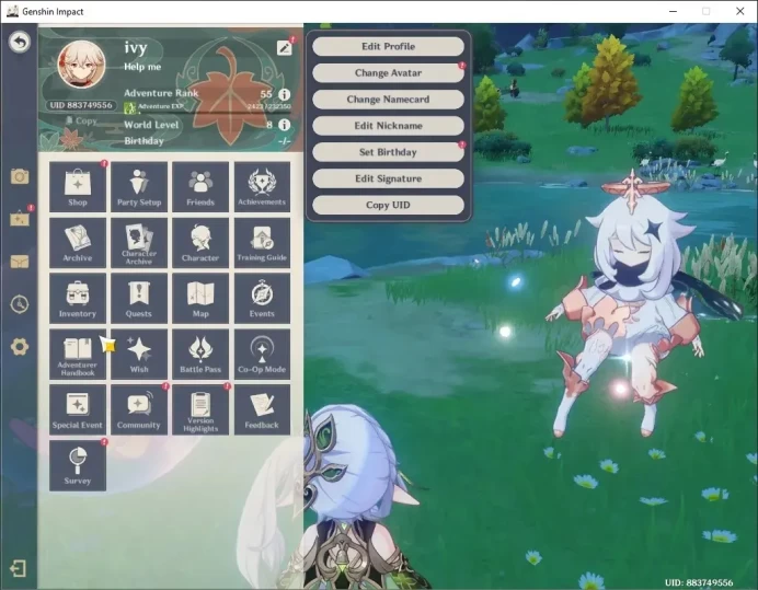 ASIA|AR 55|Rate On|3 Limited + 3 (*5 Weapon)|Kazuha C1 + Signature,Ayato,Nahida|Reunion On|BD Unset|Male MC|Take Mail|GI7815