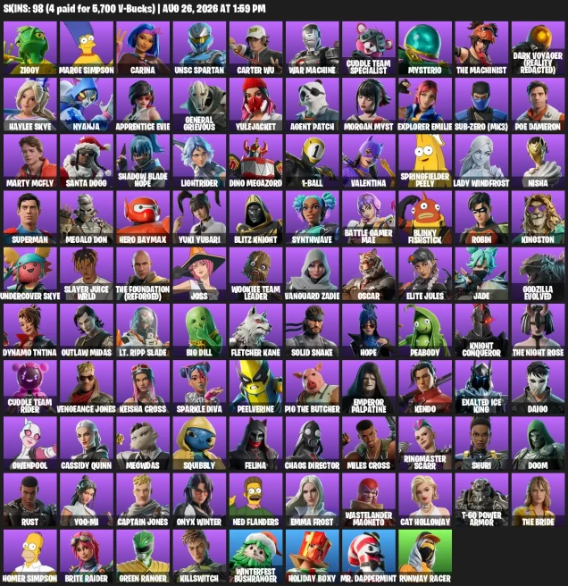 [PSN] | 98 Skins | Superman | Solid Snake | Homer Simpson | Ziggy | Marge Simpson | Carina | UNSC Spartan | Carter Wu |