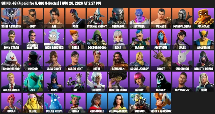 [PSN] | 48 Skins | Lara Croft | Neymar Jr | Doctor Doom | Rick Sanchez | Spire Assassin | Joey | Raz | Fade | Eternal Kn