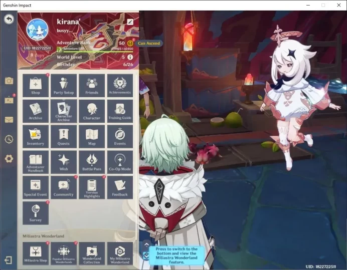 ASIA|AR 50|3 Limited + 3 Standard + 2 (*5Weapon)|Chasca,Mavuika,Columbina|Mizuki,Keqing,Jean|Female MC|Take Mail|Check SS|GI7817