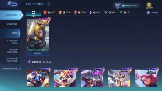 Global|Skin 262|Renowned|Collector Natalia,PACE Fanny,V.E.N.O.M Dyrroth+Gusion+Hanabi+Grock,DragonT Granger|Check SS ML2795B