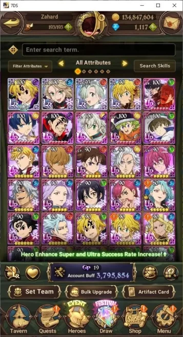 Asia|3.79M Power|1117 Dia|4LR+10UR(NeMeliodas4/6,Gawain2/6,Meresca,Thor,Etc.)|Check SS|CodeOnly(SDS824Z)
