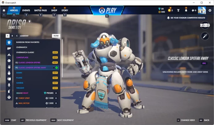 30 MYTHIC PRISMS / Overwatch 1 / CLASSIC LONDON SPITFIRE AWAY / see the picture / Please Read Description / gpmsq