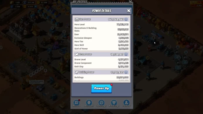 Sv 1101|Pwr 118,7M|HQ 35|Gold Bricks 5,875|VIP 13|Gorilla Lv 44|Drone Lv 155|3 Max Tech|SQ1:53M, SQ2:39.77M, SQ3:34.75M|LW771
