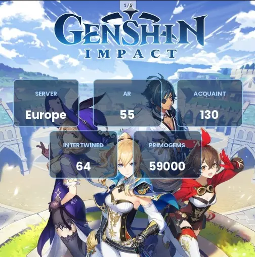 Europe | AR 55 | 64 Intertwined Fate | 59000 Primogems | 130 Acquaint Fate | 65331557