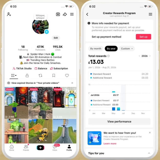 UK Fully Monetized Creator Rewards Program Account – 40K Real Followers & 195K Likes | Instant Earnings, Full Access & Account in Good Standing