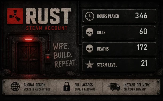 [RUST] | 346 REAL HOURS | 60 KILLS | 172 DEATHS | STEAM LVL 21 | FULL ACCESS | INSTANT DELIVERY