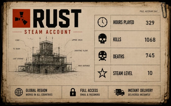 [RUST] | 329 REAL HOURS | 1068 KILLS | 745 DEATHS | STEAM LVL 10 | FULL ACCESS | INSTANT DELIVERY