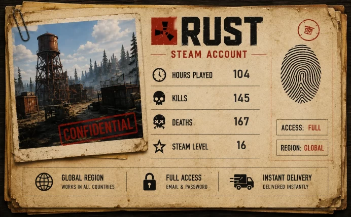 [RUST] | 104 REAL HOURS | 145 KILLS | 167 DEATHS | STEAM LVL 16 | FULL ACCESS | INSTANT DELIVERY