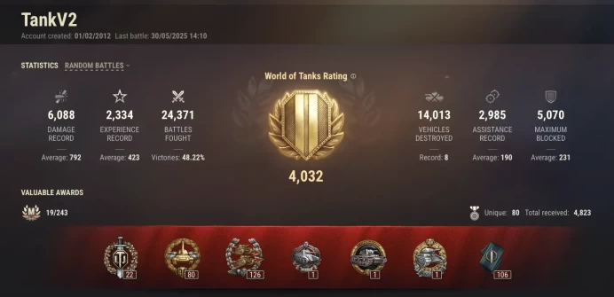  [NA/US]  7 TIER X | 66 PREMIUM TANK | CHANGEABLE PASSWORD | TOTAL TANKS 243 | 24 371 (48%) WINS | 13 325 876 SILVER | 2644 GOLD